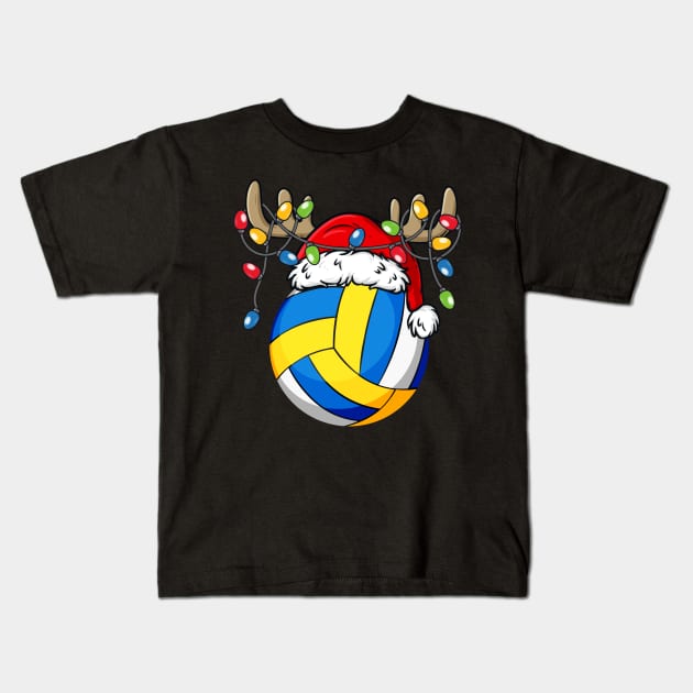 Volleyball With Santa Hat Reindeer Antlers Christmas Lights Kids T-Shirt by Kimko